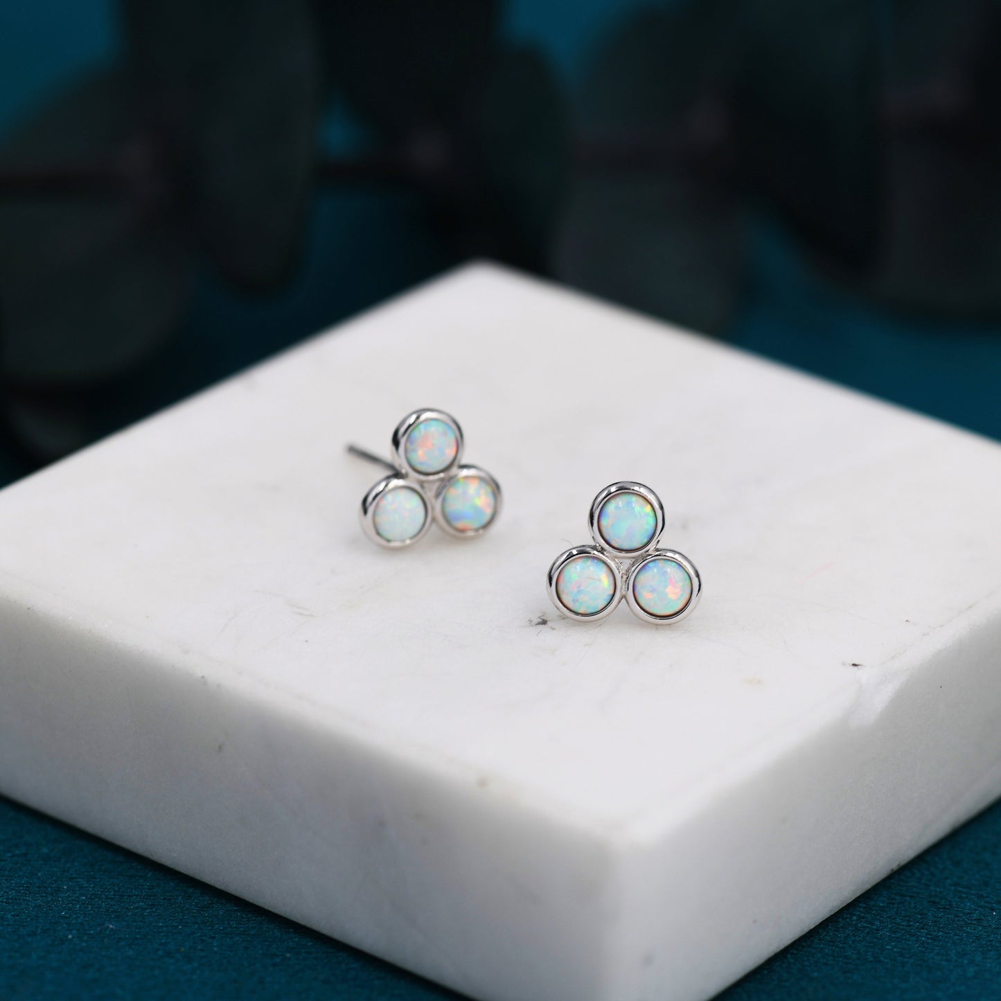 White Opal Trio Dot Circle Stud Earrings in Sterling Silver - Silver or Gold - Geometric Minimalist , Fire Opal Trio Earrings, Three Opals