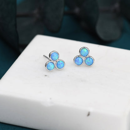 Blue Opal Trio Dot Circle Stud Earrings in Sterling Silver - Silver or Gold - Geometric Minimalist , Fire Opal Trio Earrings, Three Opals