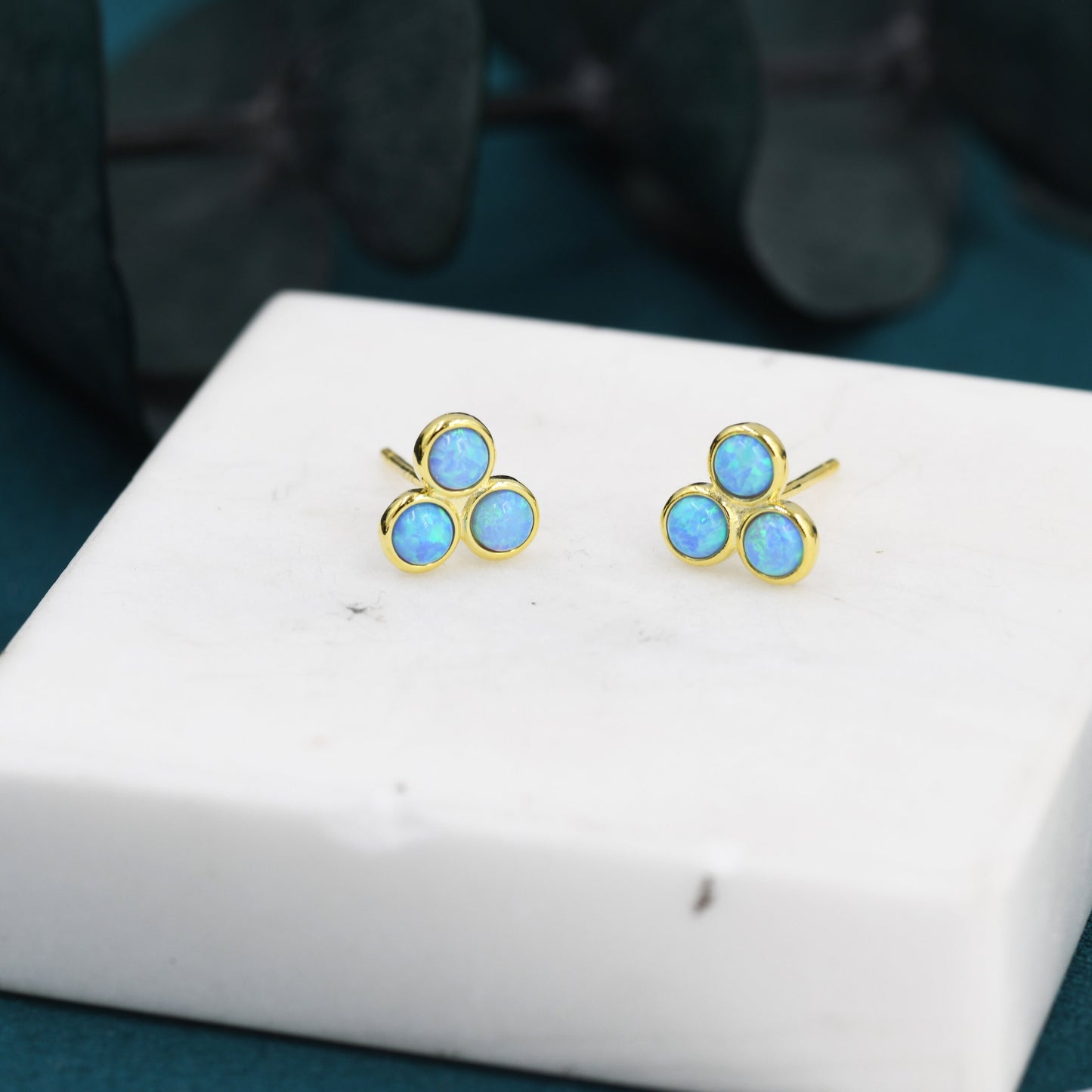 Blue Opal Trio Dot Circle Stud Earrings in Sterling Silver - Silver or Gold - Geometric Minimalist , Fire Opal Trio Earrings, Three Opals