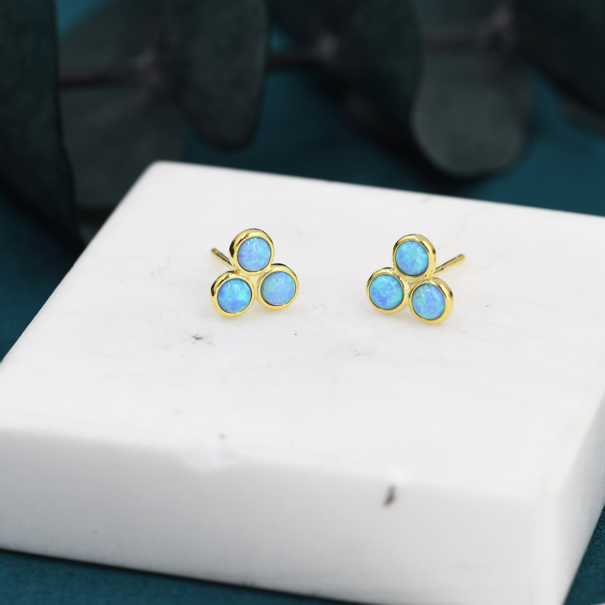 Blue Opal Trio Dot Circle Stud Earrings in Sterling Silver - Silver or Gold - Geometric Minimalist , Fire Opal Trio Earrings, Three Opals