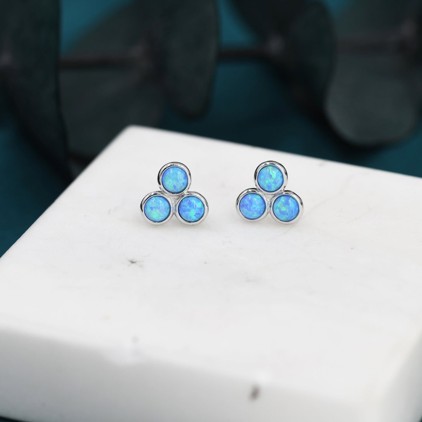 Blue Opal Trio Dot Circle Stud Earrings in Sterling Silver - Silver or Gold - Geometric Minimalist , Fire Opal Trio Earrings, Three Opals