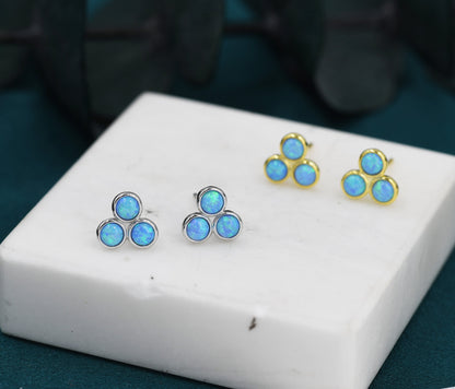 Blue Opal Trio Dot Circle Stud Earrings in Sterling Silver - Silver or Gold - Geometric Minimalist , Fire Opal Trio Earrings, Three Opals