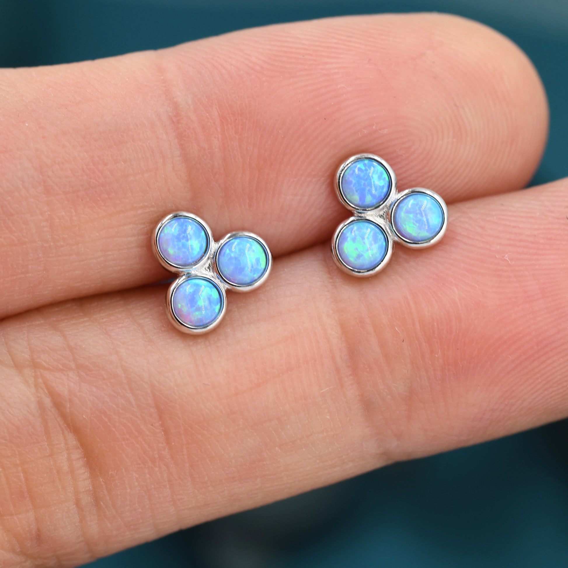 Blue Opal Trio Dot Circle Stud Earrings in Sterling Silver - Silver or Gold - Geometric Minimalist , Fire Opal Trio Earrings, Three Opals