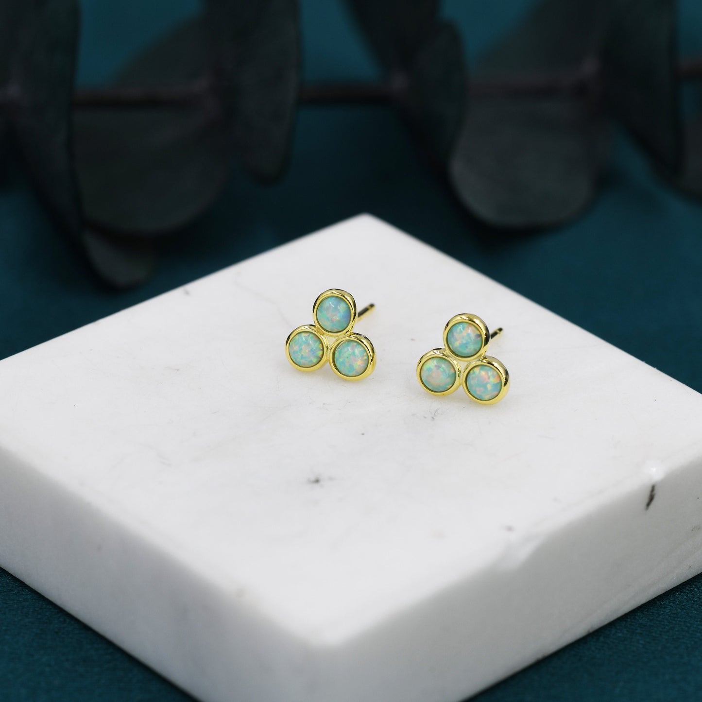 Turquoise Opal Trio Dot Circle Stud Earrings in Sterling Silver - Silver or Gold - Fire Opal Trio Earrings, Three Opals