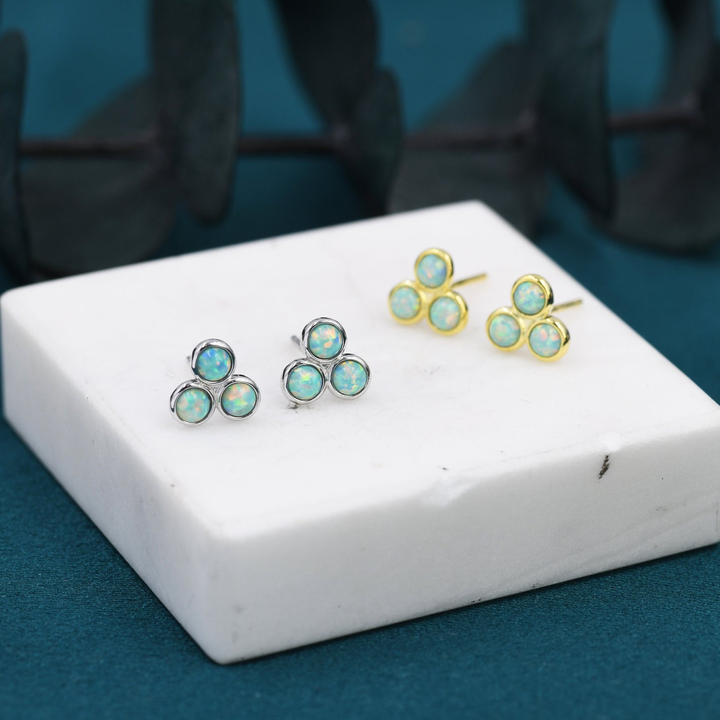 Turquoise Opal Trio Dot Circle Stud Earrings in Sterling Silver - Silver or Gold - Fire Opal Trio Earrings, Three Opals