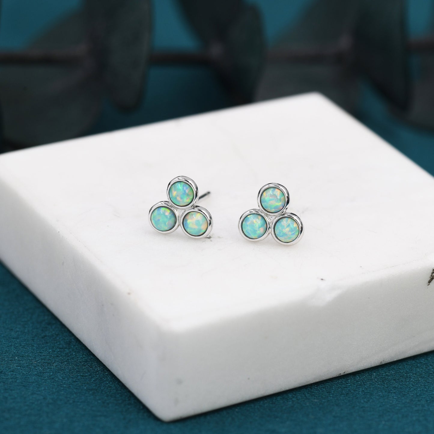Turquoise Opal Trio Dot Circle Stud Earrings in Sterling Silver - Silver or Gold - Fire Opal Trio Earrings, Three Opals