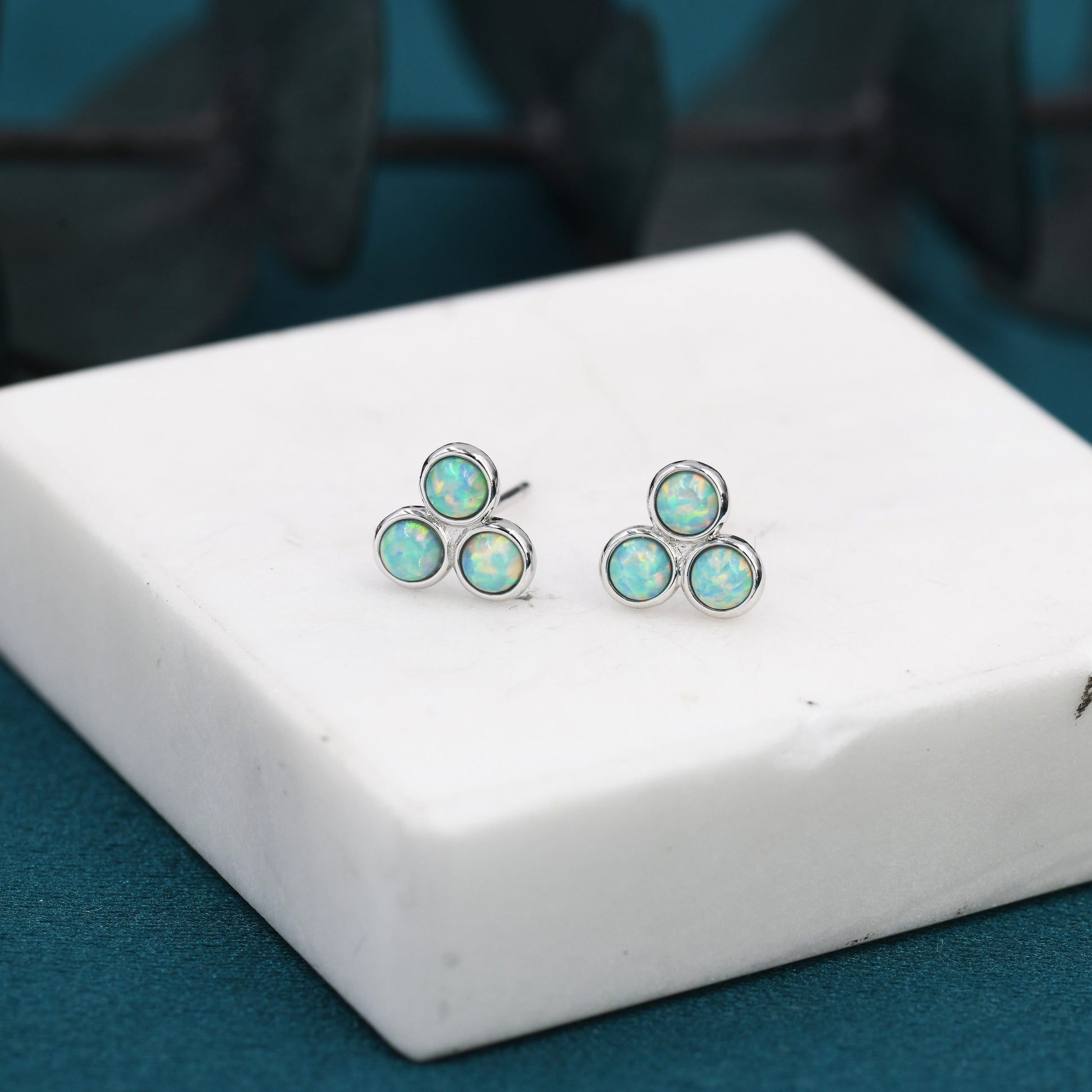 Turquoise Opal Trio Dot Circle Stud Earrings in Sterling Silver - Silver or Gold - Fire Opal Trio Earrings, Three Opals