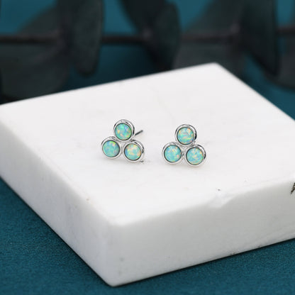Turquoise Opal Trio Dot Circle Stud Earrings in Sterling Silver - Silver or Gold - Fire Opal Trio Earrings, Three Opals