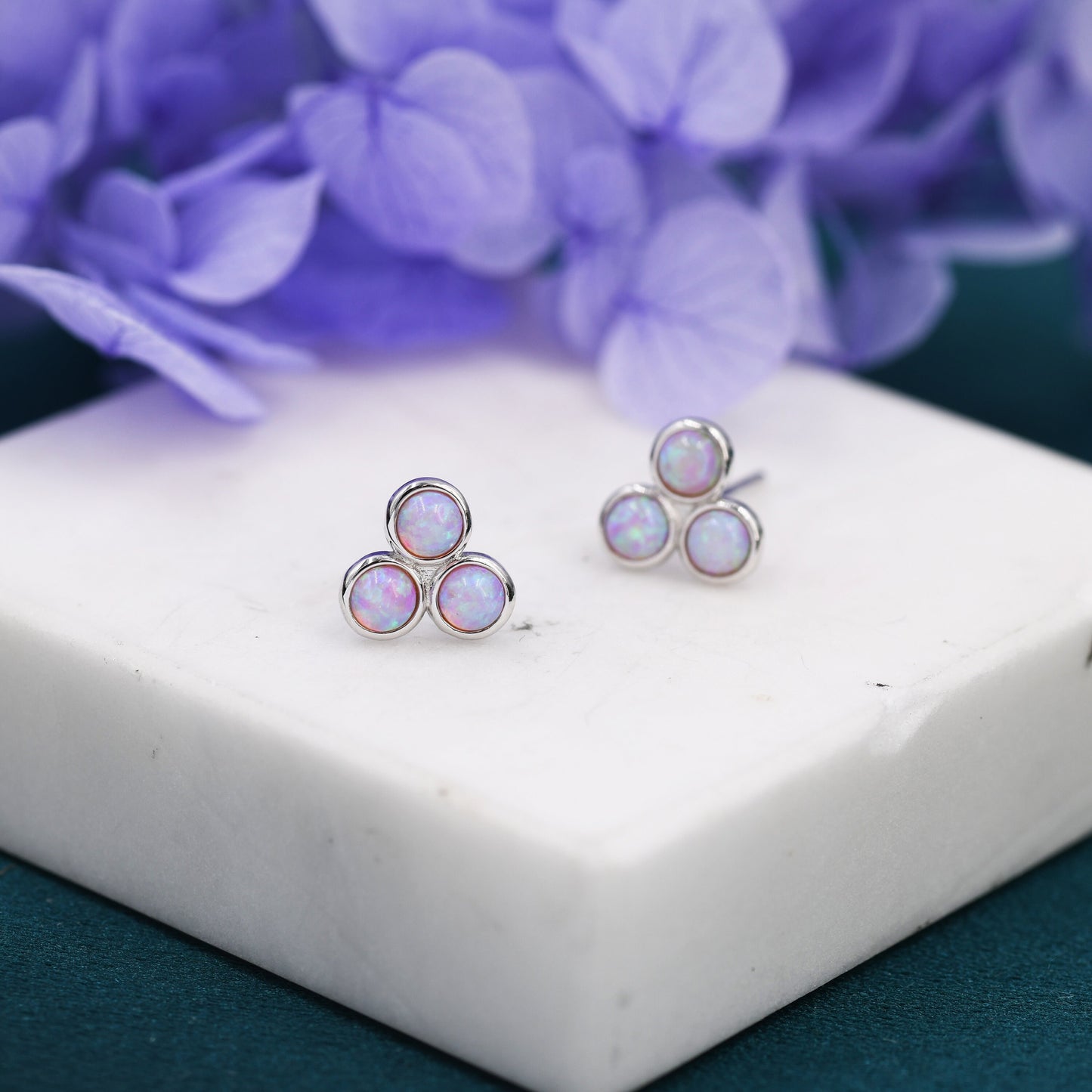 Cosmic Dust Pink Opal Dot Circle Stud Earrings in Sterling Silver - Silver or Gold -  Fire Opal Trio Earrings, Three Opals