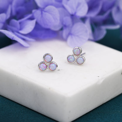 Cosmic Dust Pink Opal Dot Circle Stud Earrings in Sterling Silver - Silver or Gold -  Fire Opal Trio Earrings, Three Opals