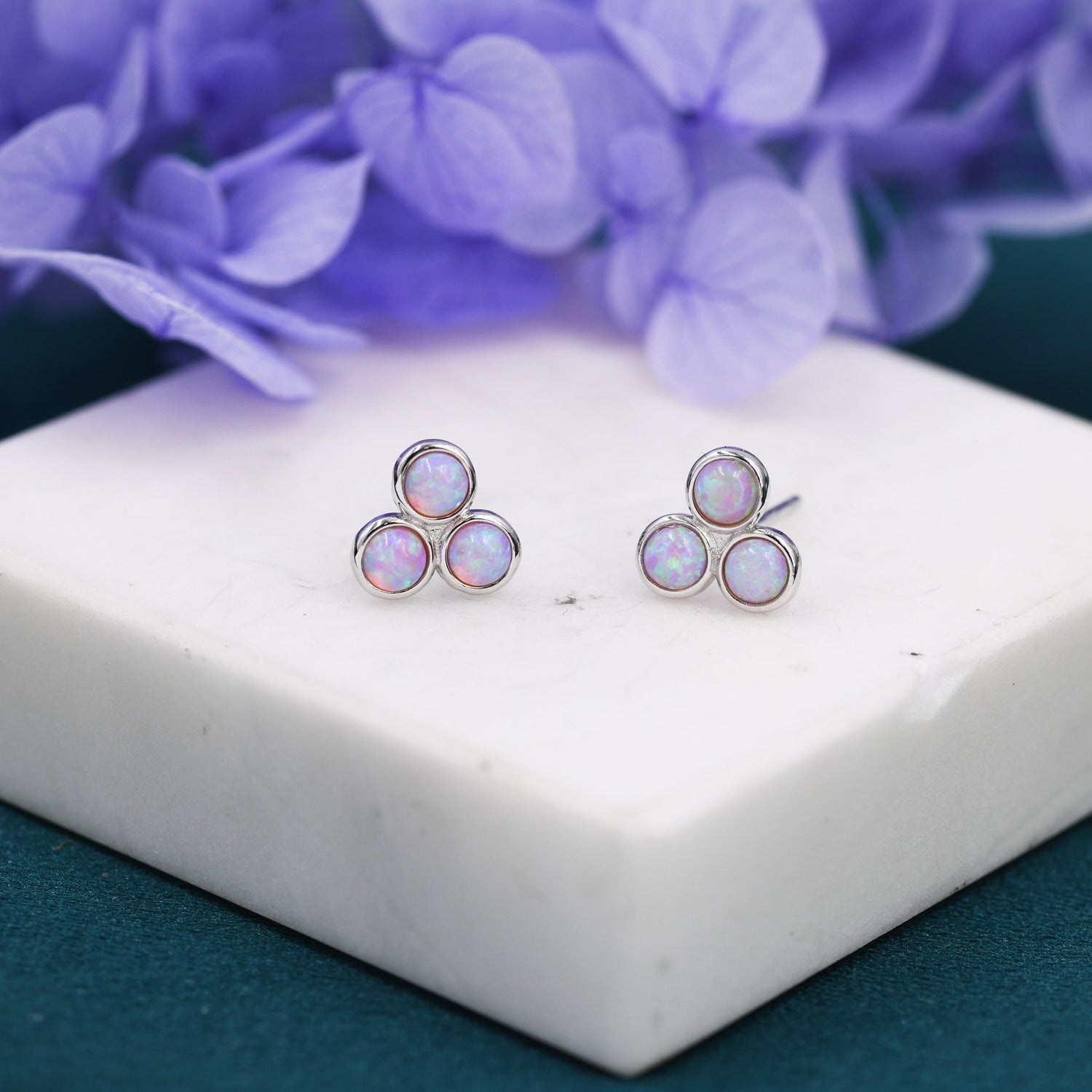 Cosmic Dust Pink Opal Dot Circle Stud Earrings in Sterling Silver - Silver or Gold -  Fire Opal Trio Earrings, Three Opals