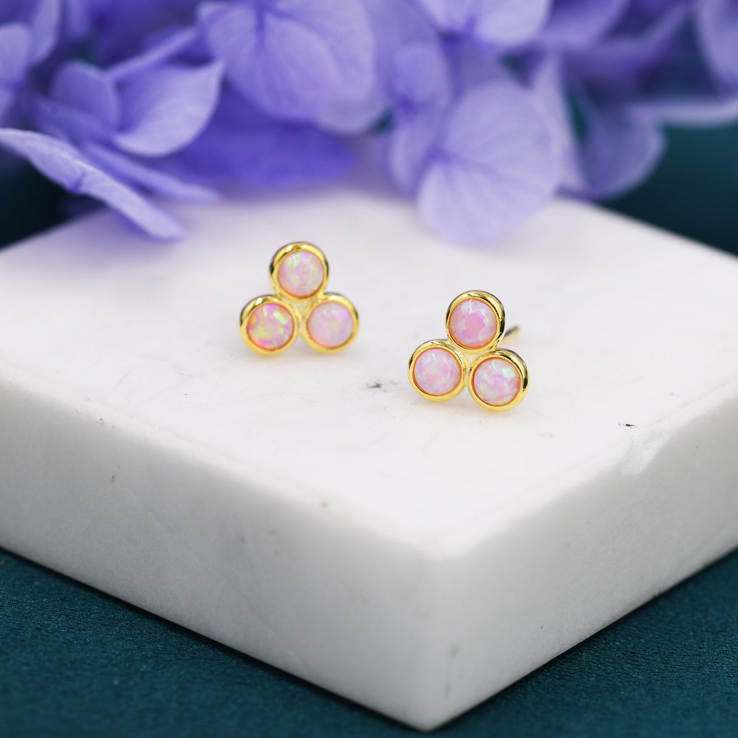 Cosmic Dust Pink Opal Dot Circle Stud Earrings in Sterling Silver - Silver or Gold -  Fire Opal Trio Earrings, Three Opals