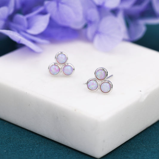 Cosmic Dust Pink Opal Dot Circle Stud Earrings in Sterling Silver - Silver or Gold -  Fire Opal Trio Earrings, Three Opals