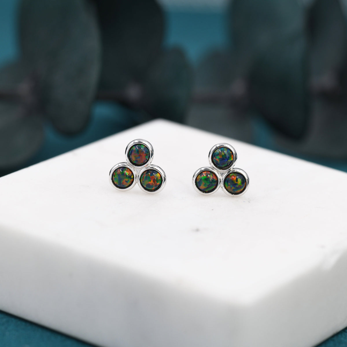 Black Opal Dot Circle Stud Earrings in Sterling Silver - Silver or Gold - Fire Opal Trio Earrings, Three Opals