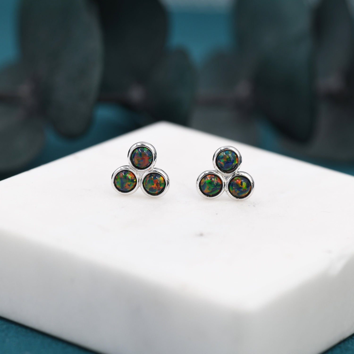 Black Opal Dot Circle Stud Earrings in Sterling Silver - Silver or Gold - Fire Opal Trio Earrings, Three Opals