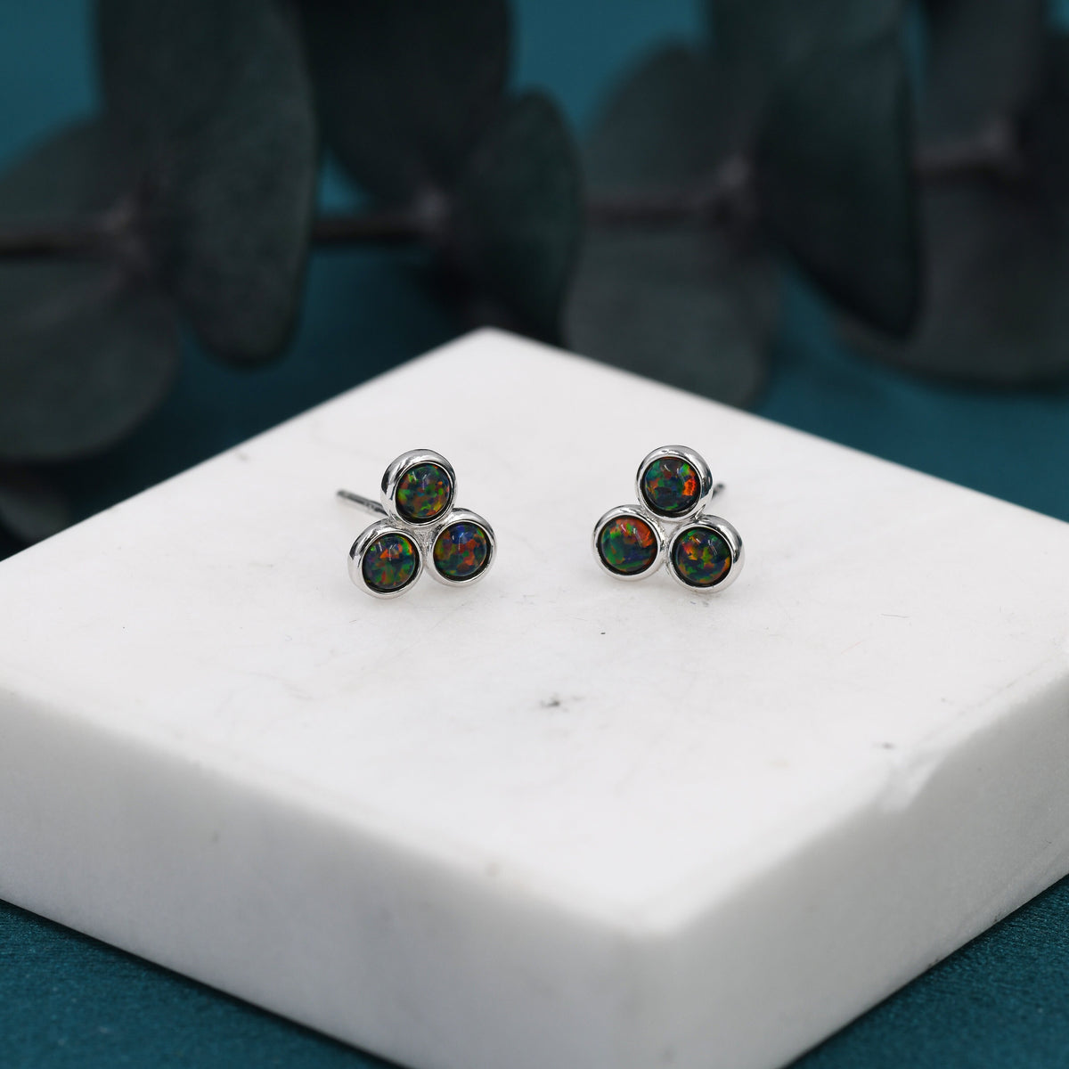 Black Opal Dot Circle Stud Earrings in Sterling Silver - Silver or Gold - Fire Opal Trio Earrings, Three Opals