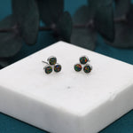 Black Opal Dot Circle Stud Earrings in Sterling Silver - Silver or Gold - Fire Opal Trio Earrings, Three Opals