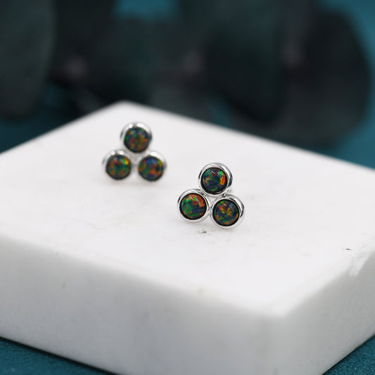 Black Opal Dot Circle Stud Earrings in Sterling Silver - Silver or Gold -  Fire Opal Trio Earrings, Three Opals