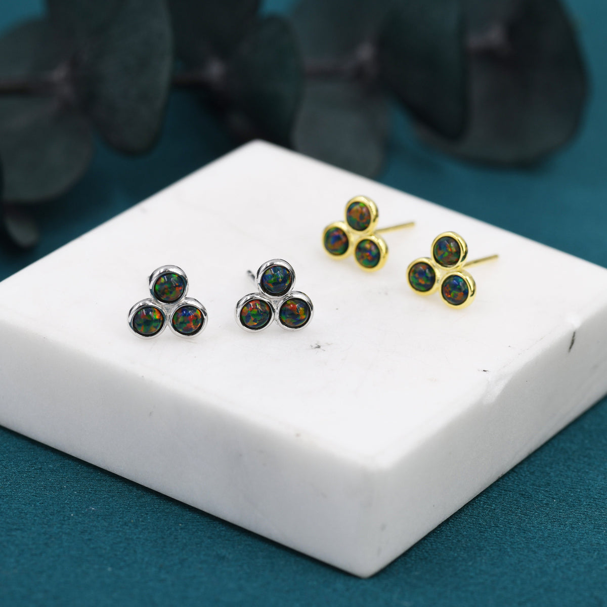 Black Opal Dot Circle Stud Earrings in Sterling Silver - Silver or Gold - Fire Opal Trio Earrings, Three Opals