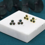 Black Opal Dot Circle Stud Earrings in Sterling Silver - Silver or Gold - Fire Opal Trio Earrings, Three Opals