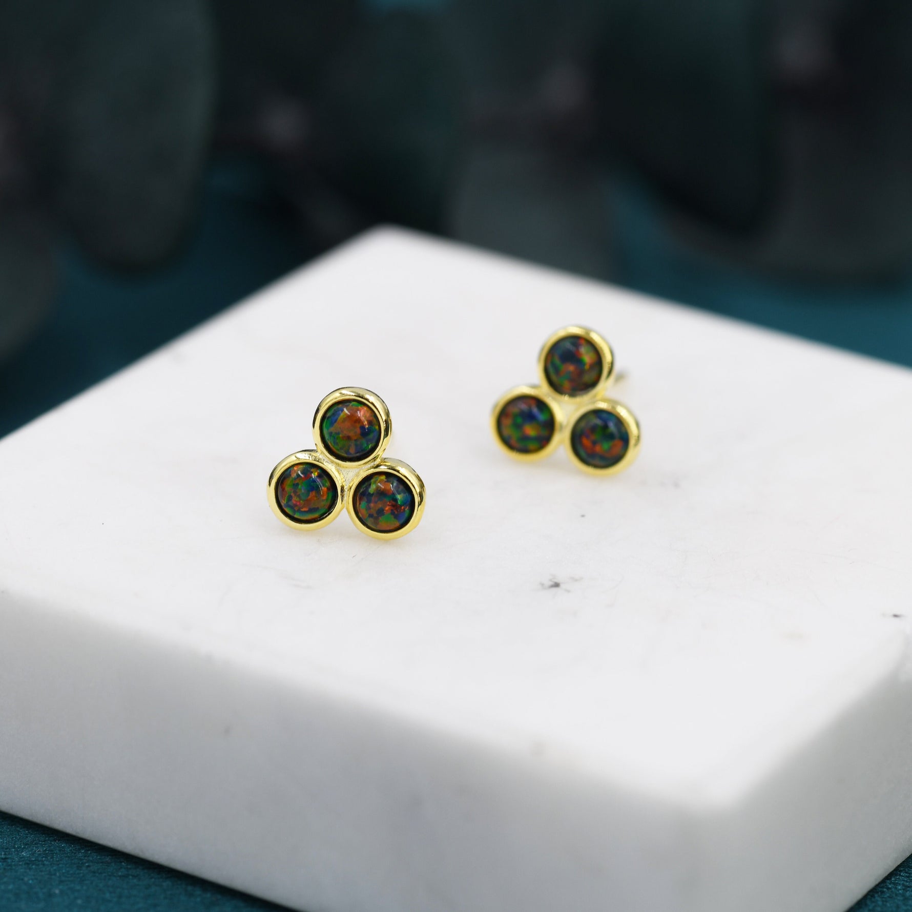 Black Opal Dot Circle Stud Earrings in Sterling Silver - Silver or Gold - Fire Opal Trio Earrings, Three Opals
