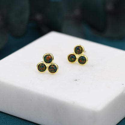 Black Opal Dot Circle Stud Earrings in Sterling Silver - Silver or Gold -  Fire Opal Trio Earrings, Three Opals