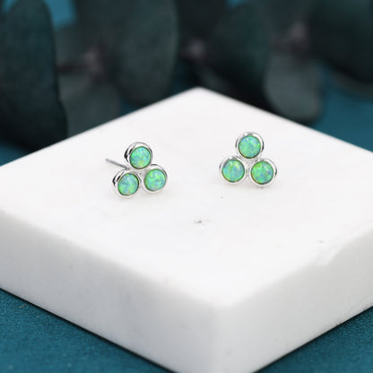 Mint Green Opal Dot Circle Stud Earrings in Sterling Silver - Silver or Gold - Fire Opal Trio Earrings, Three Opals