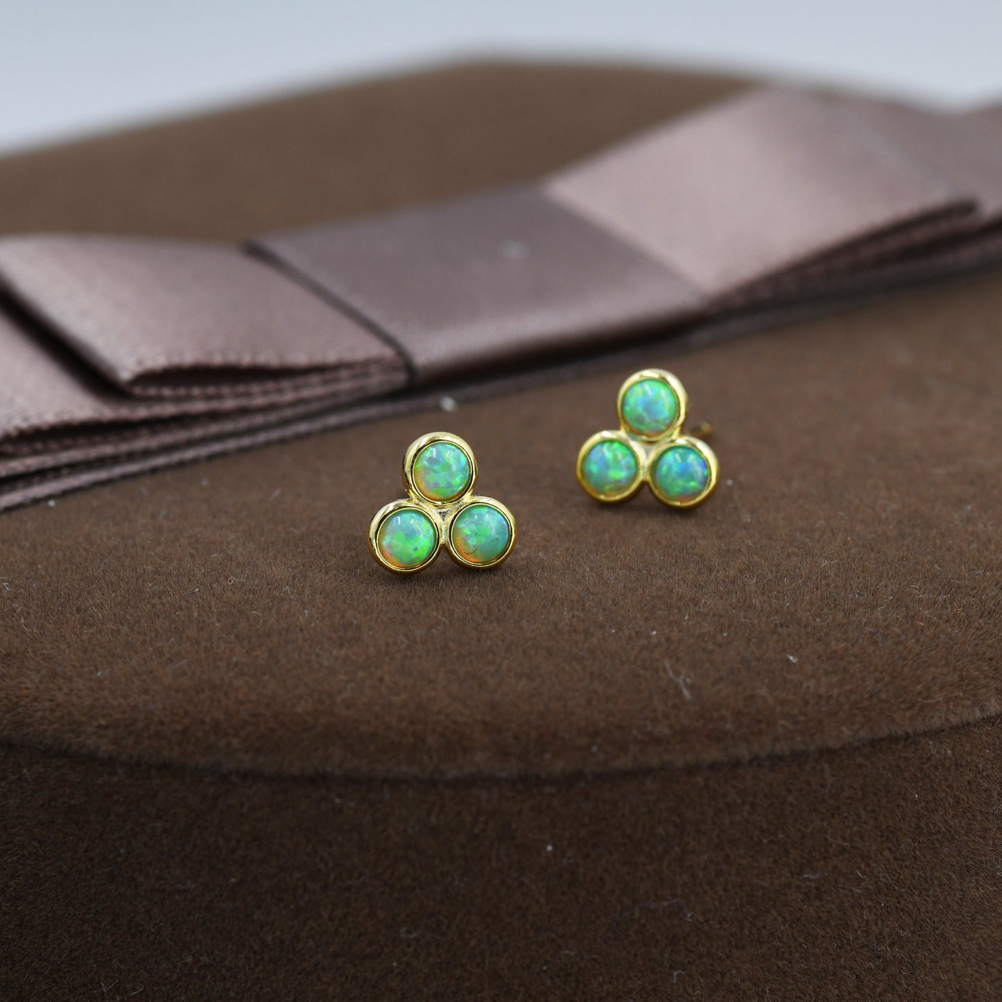 Mint Green Opal Dot Circle Stud Earrings in Sterling Silver - Silver or Gold - Fire Opal Trio Earrings, Three Opals