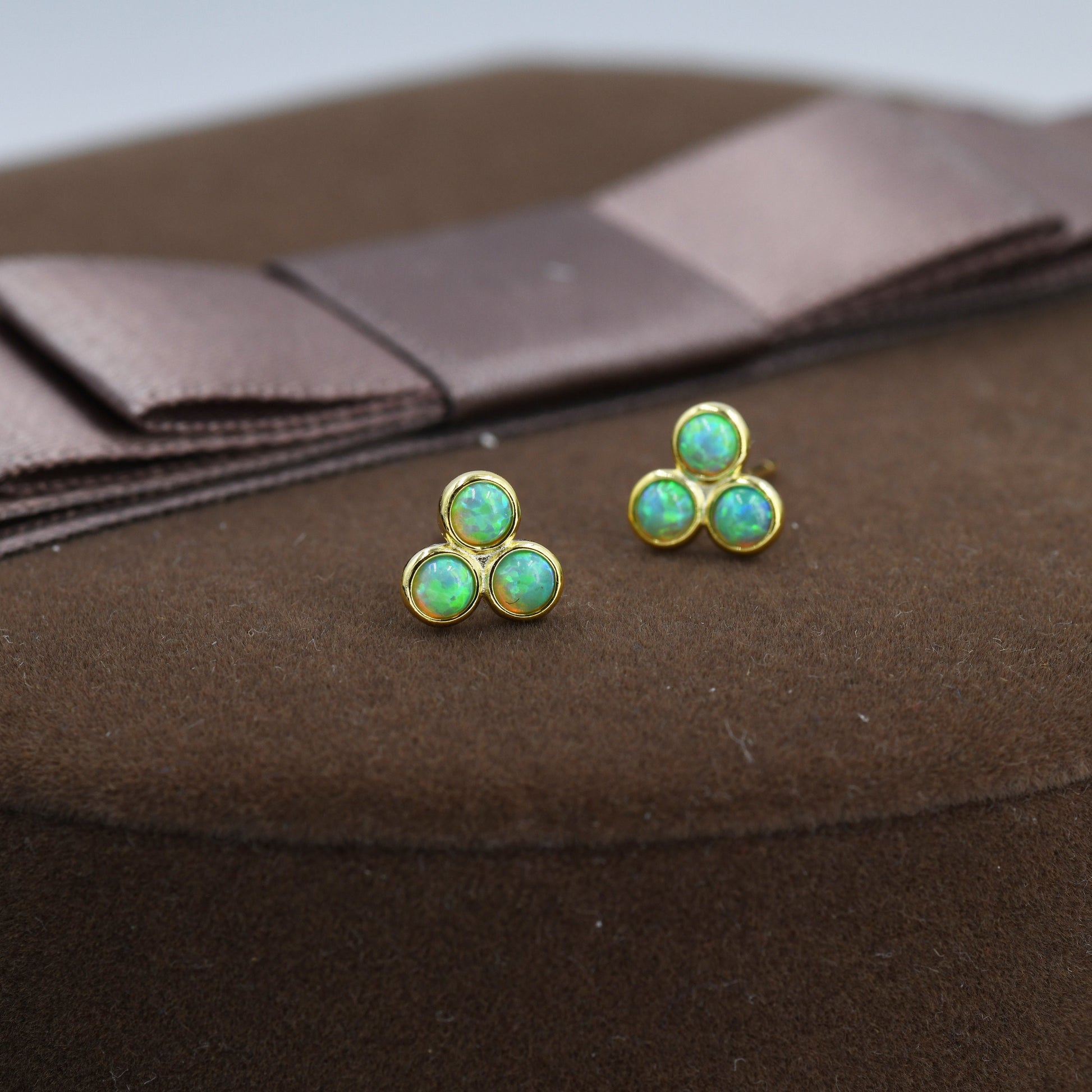 Mint Green Opal Dot Circle Stud Earrings in Sterling Silver - Silver or Gold - Fire Opal Trio Earrings, Three Opals