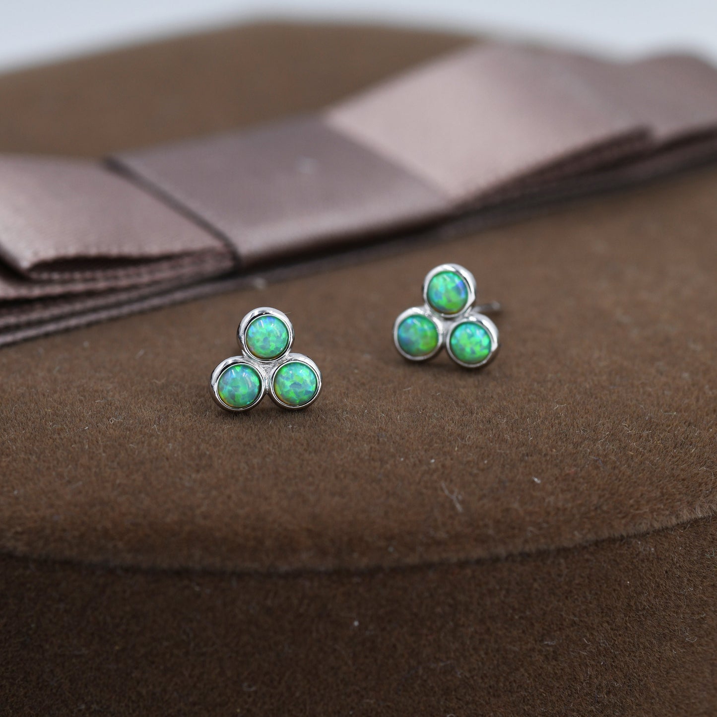 Mint Green Opal Dot Circle Stud Earrings in Sterling Silver - Silver or Gold - Fire Opal Trio Earrings, Three Opals