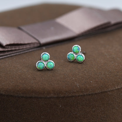 Mint Green Opal Dot Circle Stud Earrings in Sterling Silver - Silver or Gold - Fire Opal Trio Earrings, Three Opals