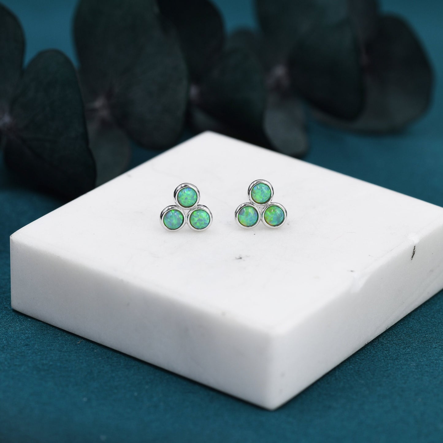 Mint Green Opal Dot Circle Stud Earrings in Sterling Silver - Silver or Gold - Fire Opal Trio Earrings, Three Opals