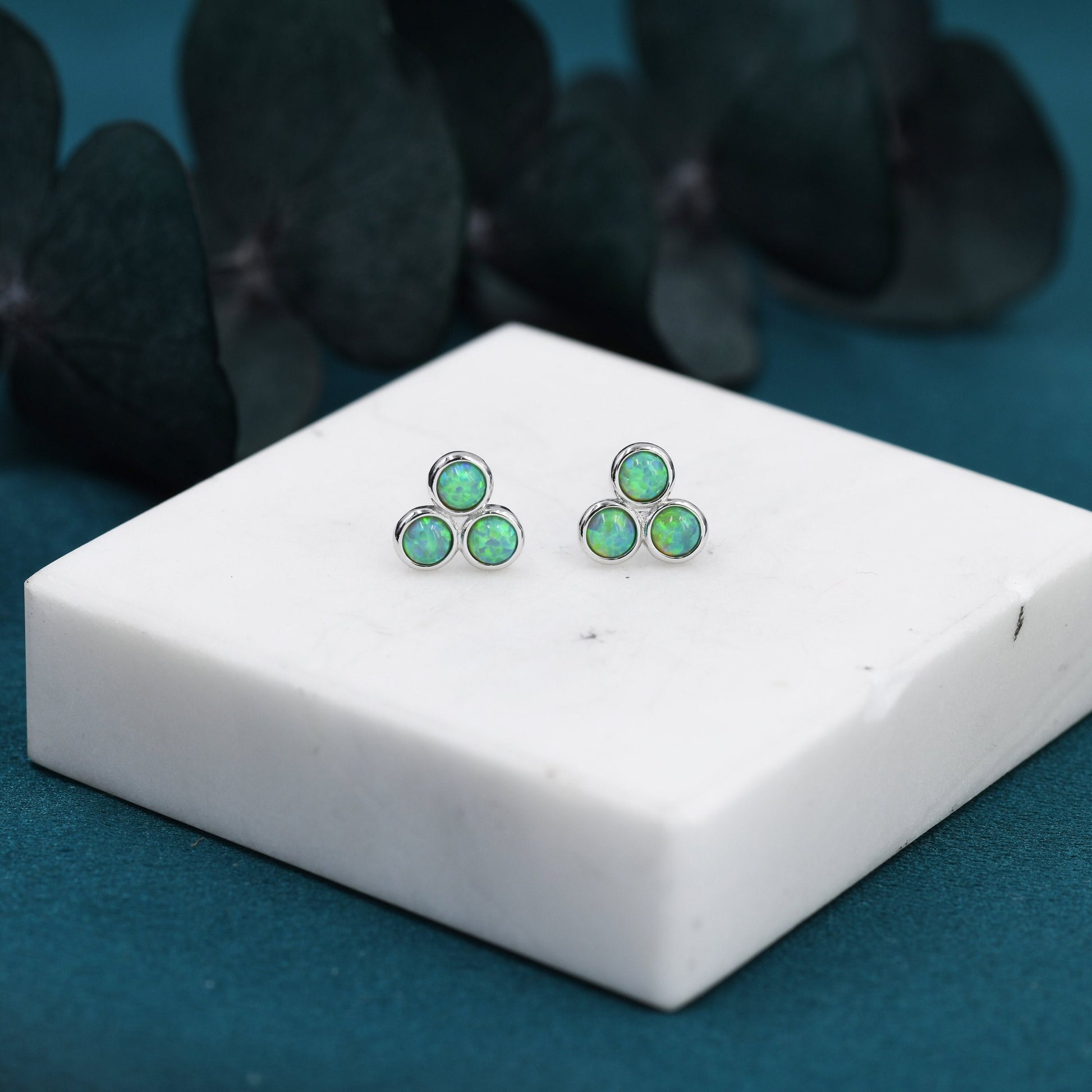 Mint Green Opal Dot Circle Stud Earrings in Sterling Silver - Silver or Gold - Fire Opal Trio Earrings, Three Opals