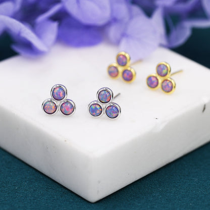 Purple Opal Dot Circle Stud Earrings in Sterling Silver - Silver or Gold -  Fire Opal Trio Earrings, Three Opals