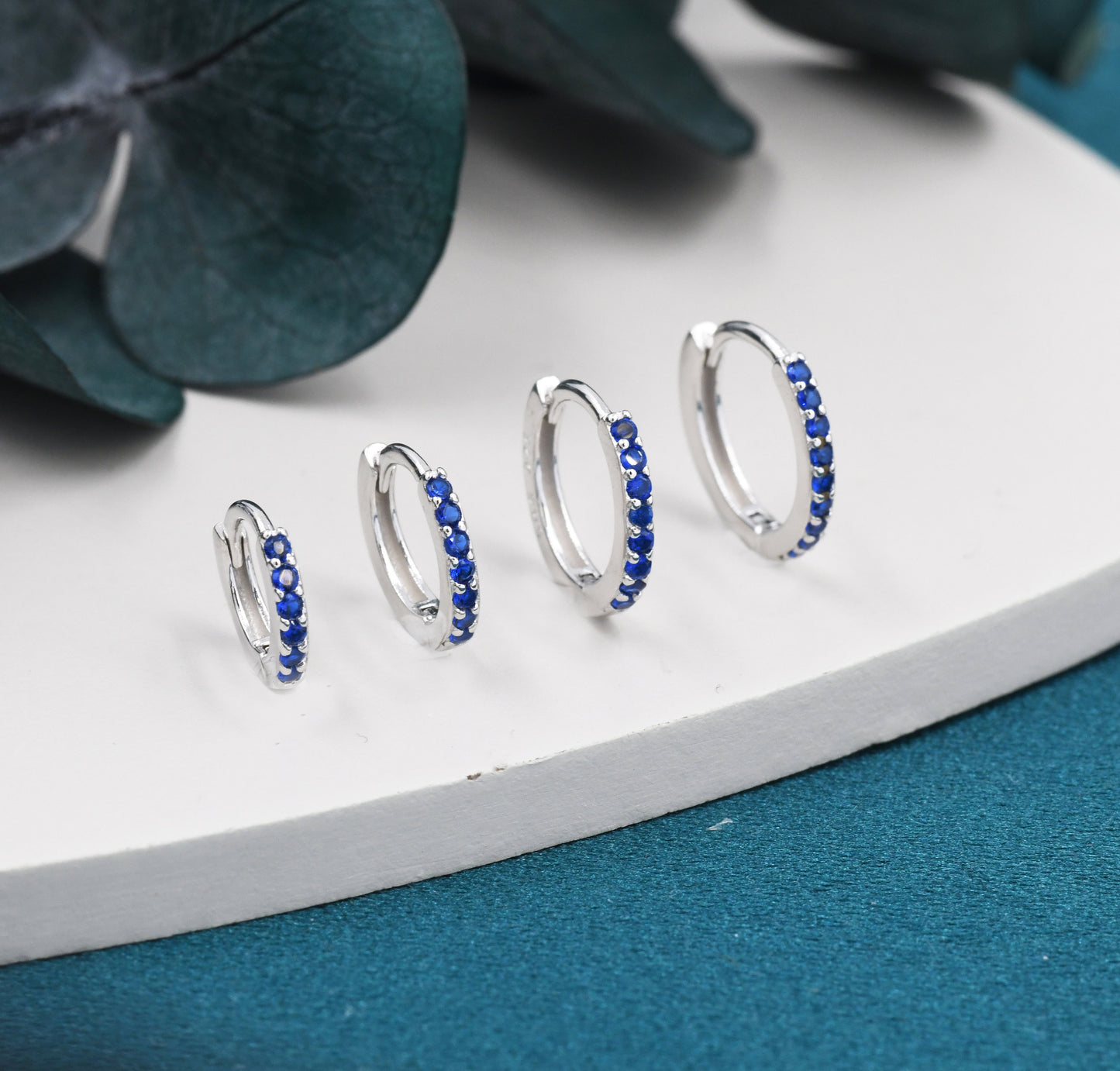 Sapphire Blue CZ Huggie Hoops in Sterling Silver, Silver or Gold, 6mm, 7mm, 8mm and 9mm Inner Diameter Hoop Earrings, Turquoise Earrings