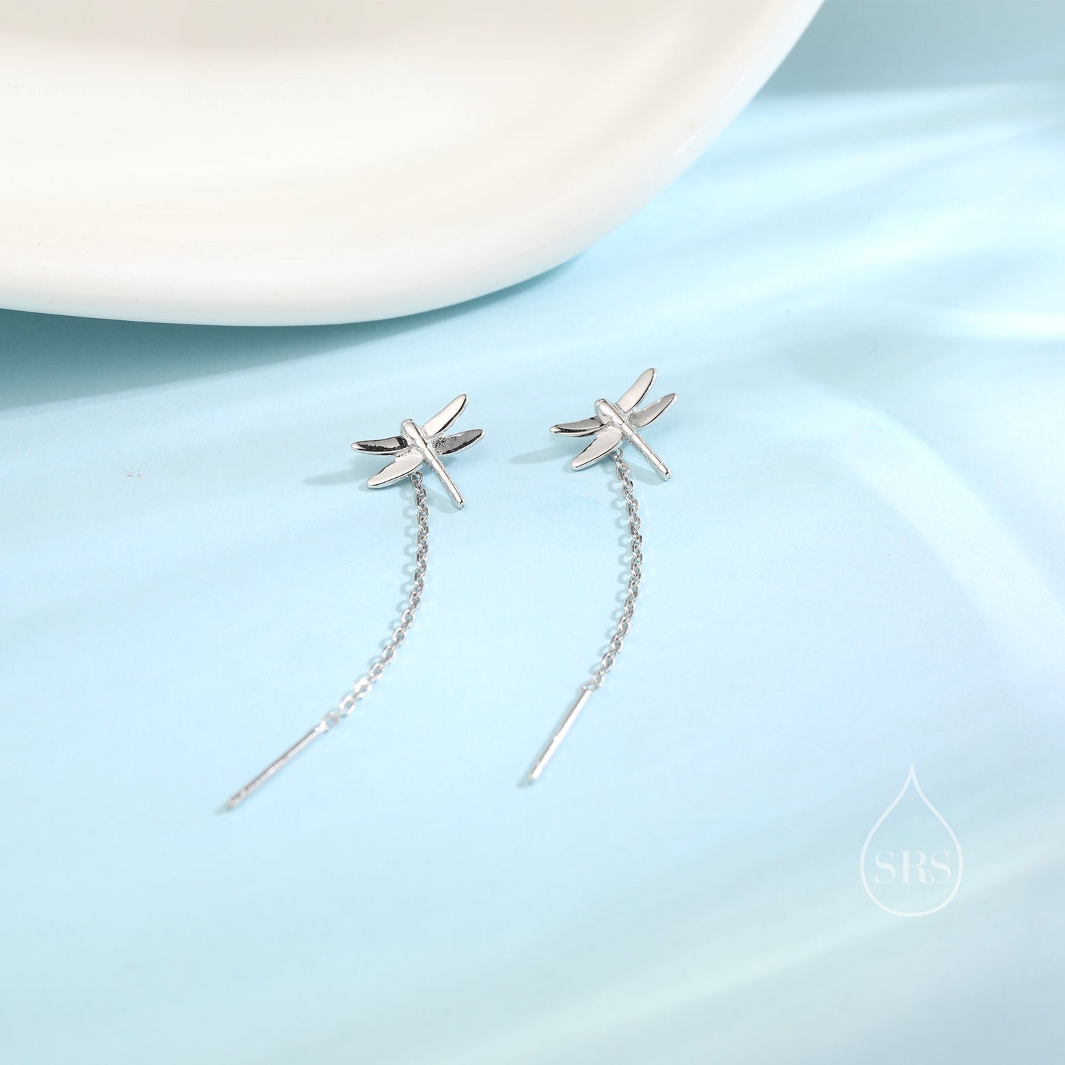 Sterling Silver Dragonfly Ear Threaders, Dragonfly Threader Earrings with Dangle Chain, Daily Dangle Earrings