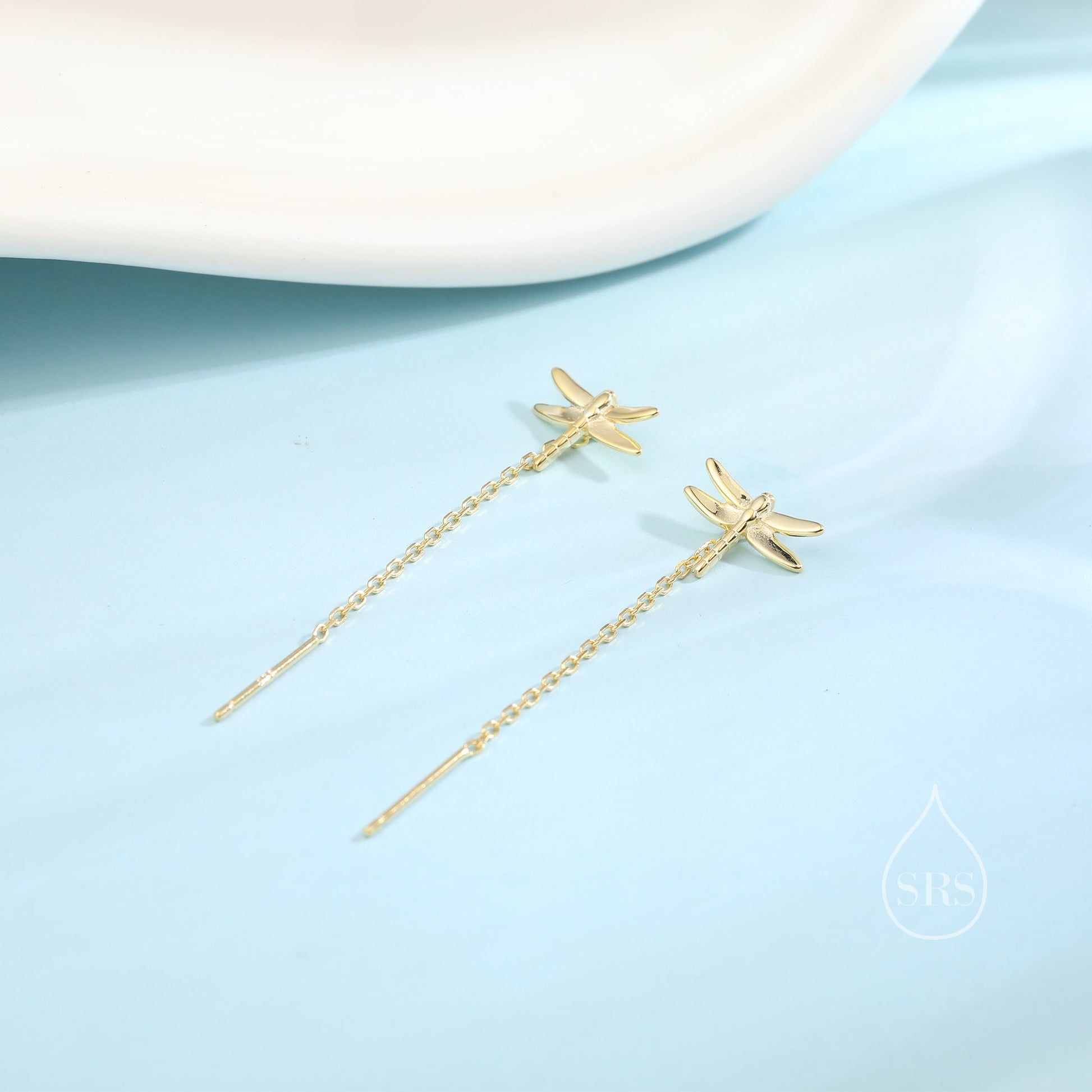 Sterling Silver Dragonfly Ear Threaders, Dragonfly Threader Earrings with Dangle Chain, Daily Dangle Earrings