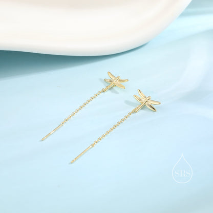 Sterling Silver Dragonfly Ear Threaders, Dragonfly Threader Earrings with Dangle Chain, Daily Dangle Earrings