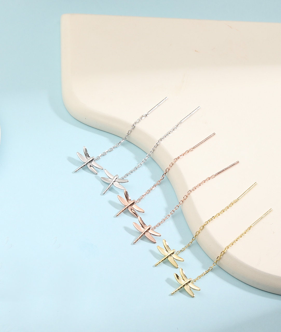 Sterling Silver Dragonfly Ear Threaders, Dragonfly Threader Earrings with Dangle Chain, Daily Dangle Earrings