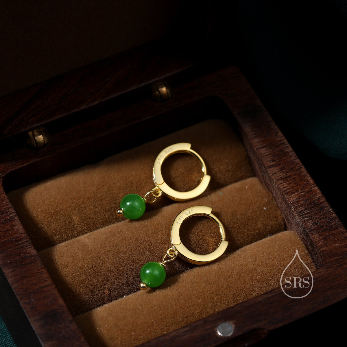 Dangle Jade Huggie Hoops Earrings in Sterling Silver, , Genuine Jade Stones, Silver or Gold, Minimalist Simple Hoop Earrings