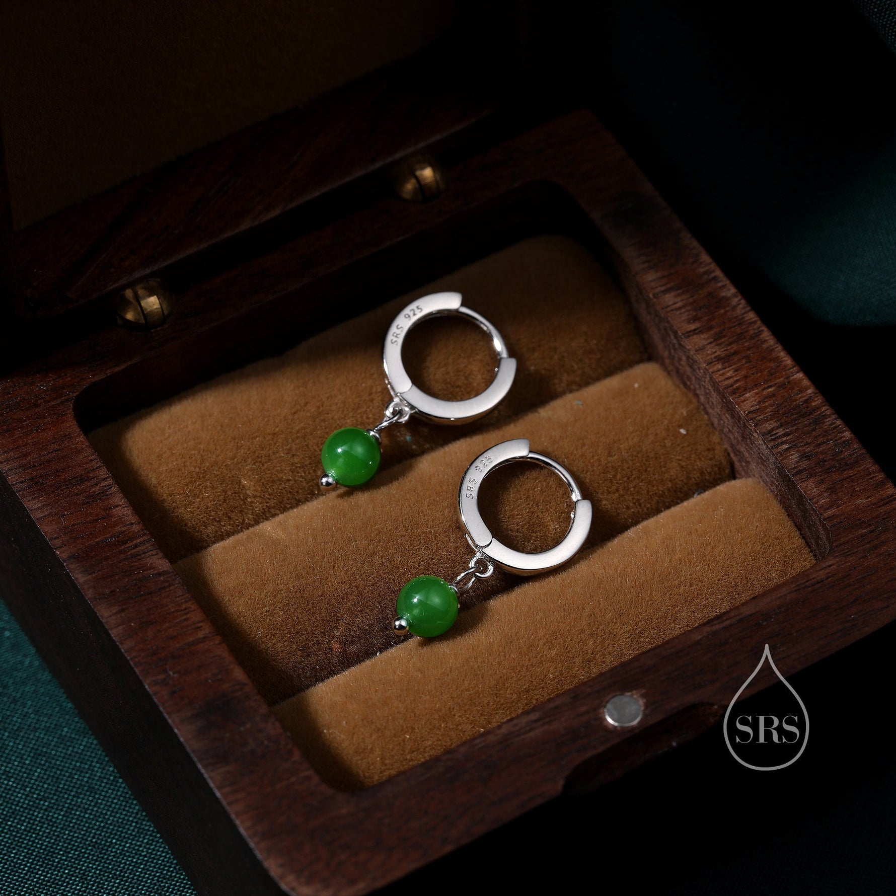 Dangle Jade Huggie Hoops Earrings in Sterling Silver, , Genuine Jade Stones, Silver or Gold, Minimalist Simple Hoop Earrings