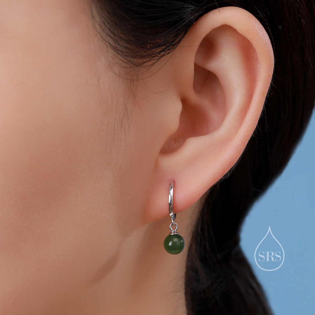 Dangle Jade Huggie Hoops Earrings in Sterling Silver, , Genuine Jade Stones, Silver or Gold, Minimalist Simple Hoop Earrings