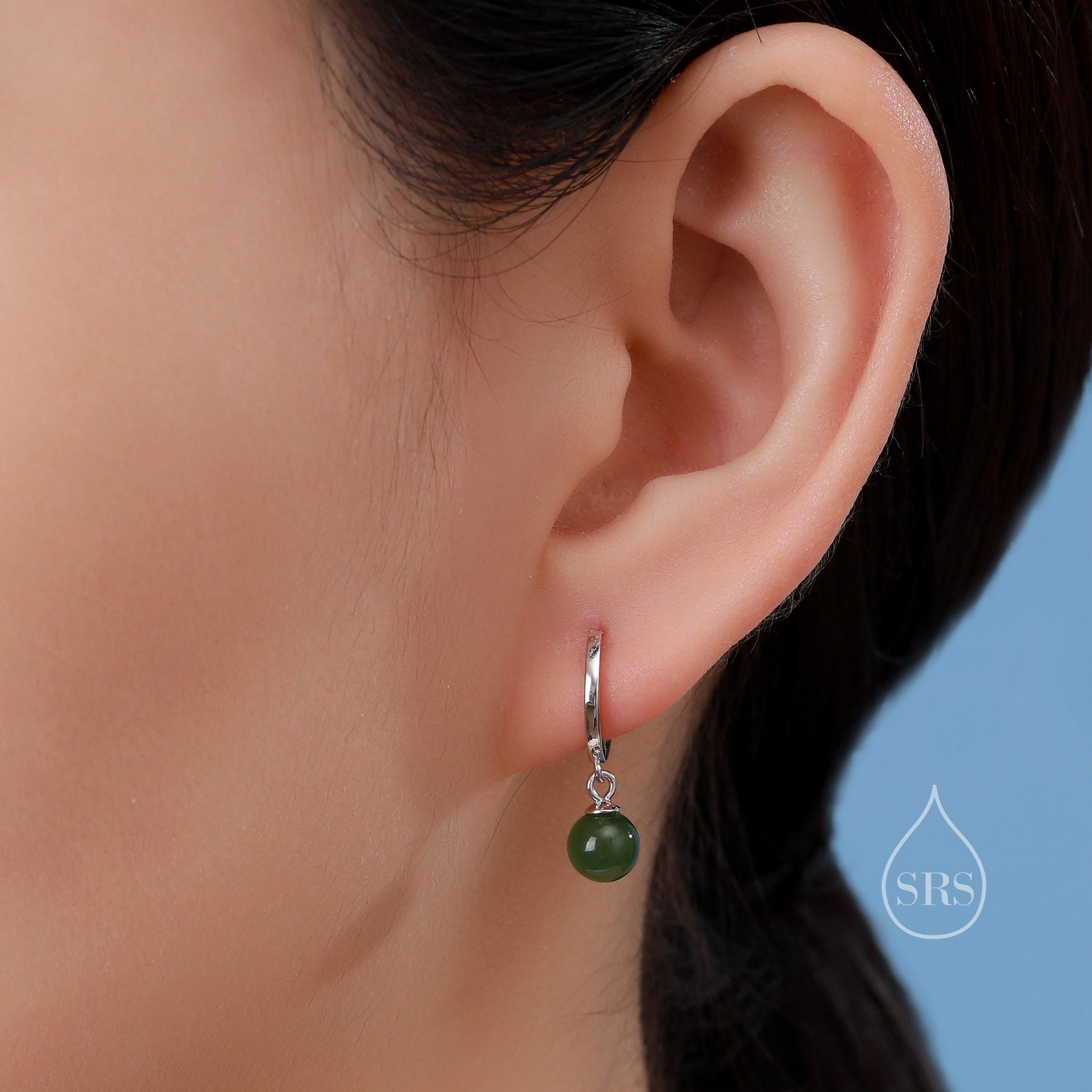 Dangle Jade Huggie Hoops Earrings in Sterling Silver, , Genuine Jade Stones, Silver or Gold, Minimalist Simple Hoop Earrings