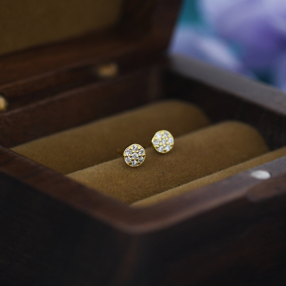 Extra Tiny Round Disk Stud Earrings in Sterling Silver, Sparkly CZ Coin Earrings, Tiny Circle Stud, CZ Pave Coin Earrings, Silver or Gold