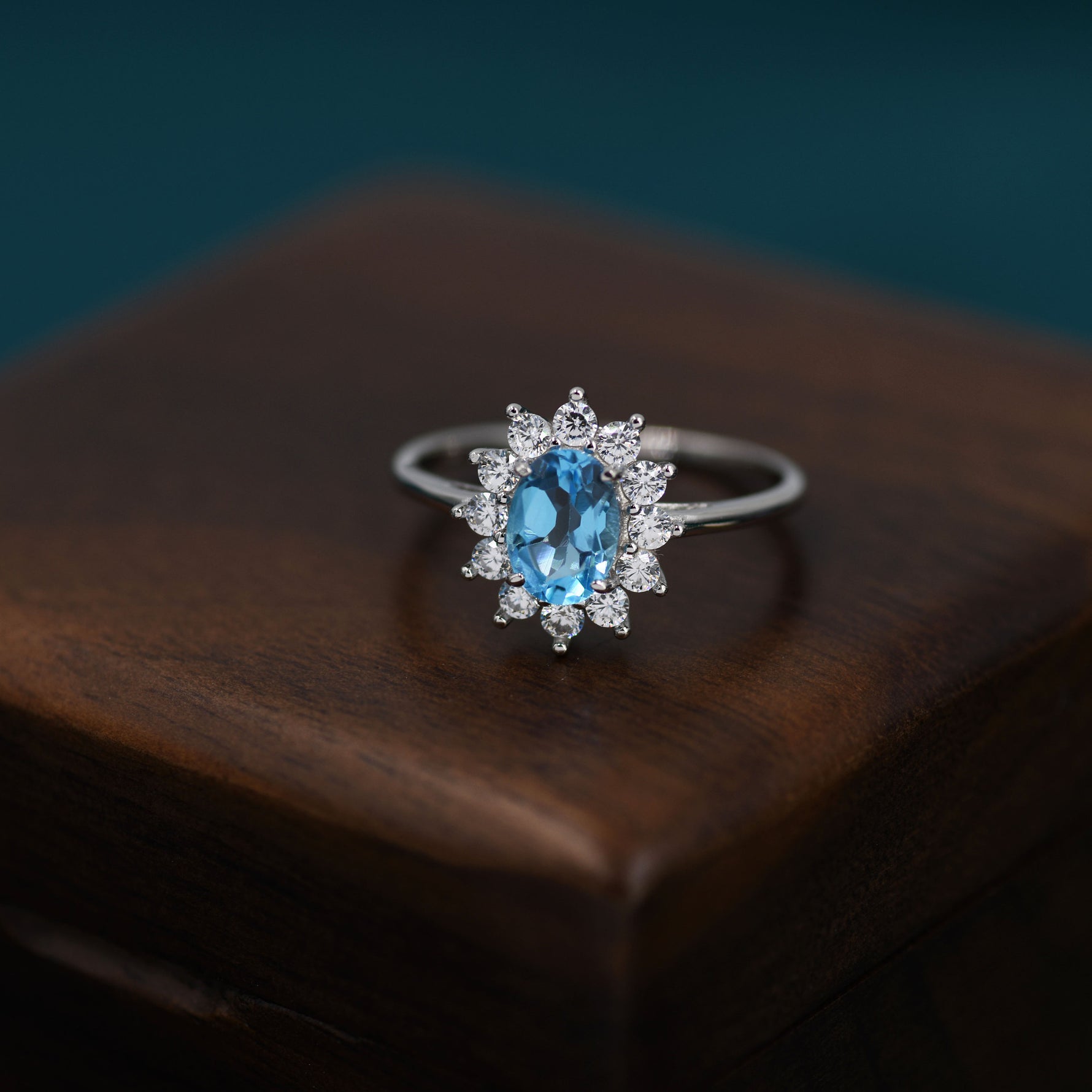 Genuine Swiss Blue Topaz and CZ Halo Ring in Sterling Silver, Natural Topaz Stone Ring, Stacking Rings, US 5-8