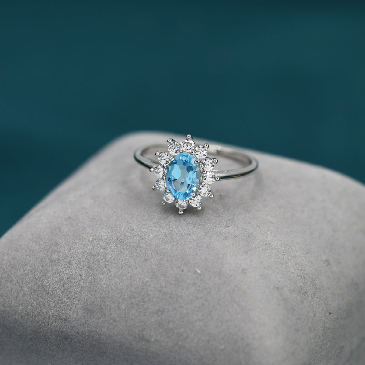 Genuine Swiss Blue Topaz and CZ Halo Ring in Sterling Silver, Natural Topaz Stone Ring, Stacking Rings, US 5-8