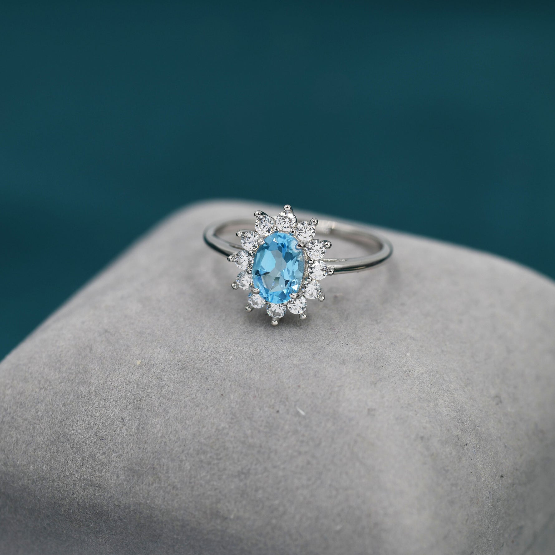 Genuine Swiss Blue Topaz and CZ Halo Ring in Sterling Silver, Natural Topaz Stone Ring, Stacking Rings, US 5-8