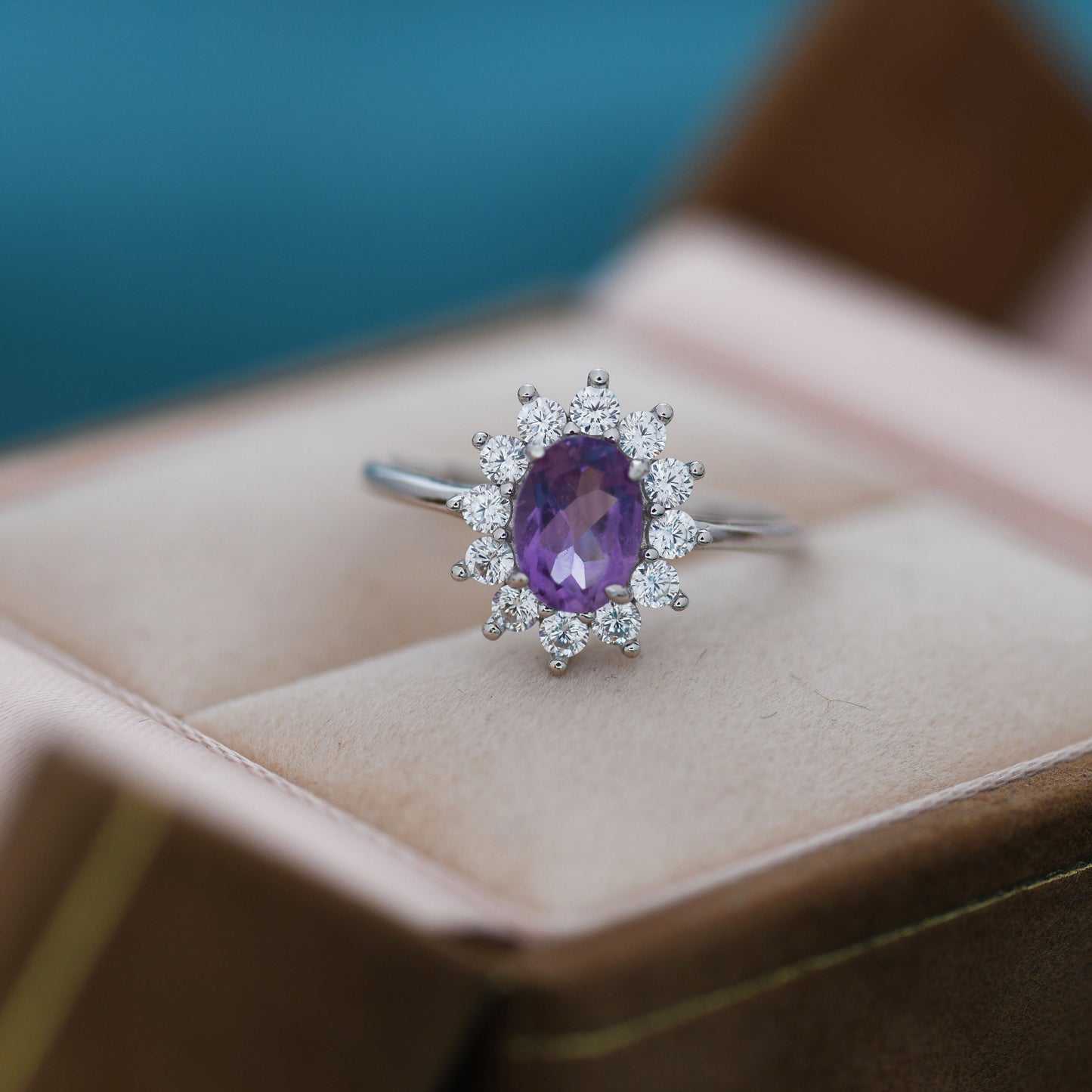 Genuine Amethyst and CZ Halo Ring in Sterling Silver, Natural Amethyst Stone Ring, Stacking Rings, US 5-8