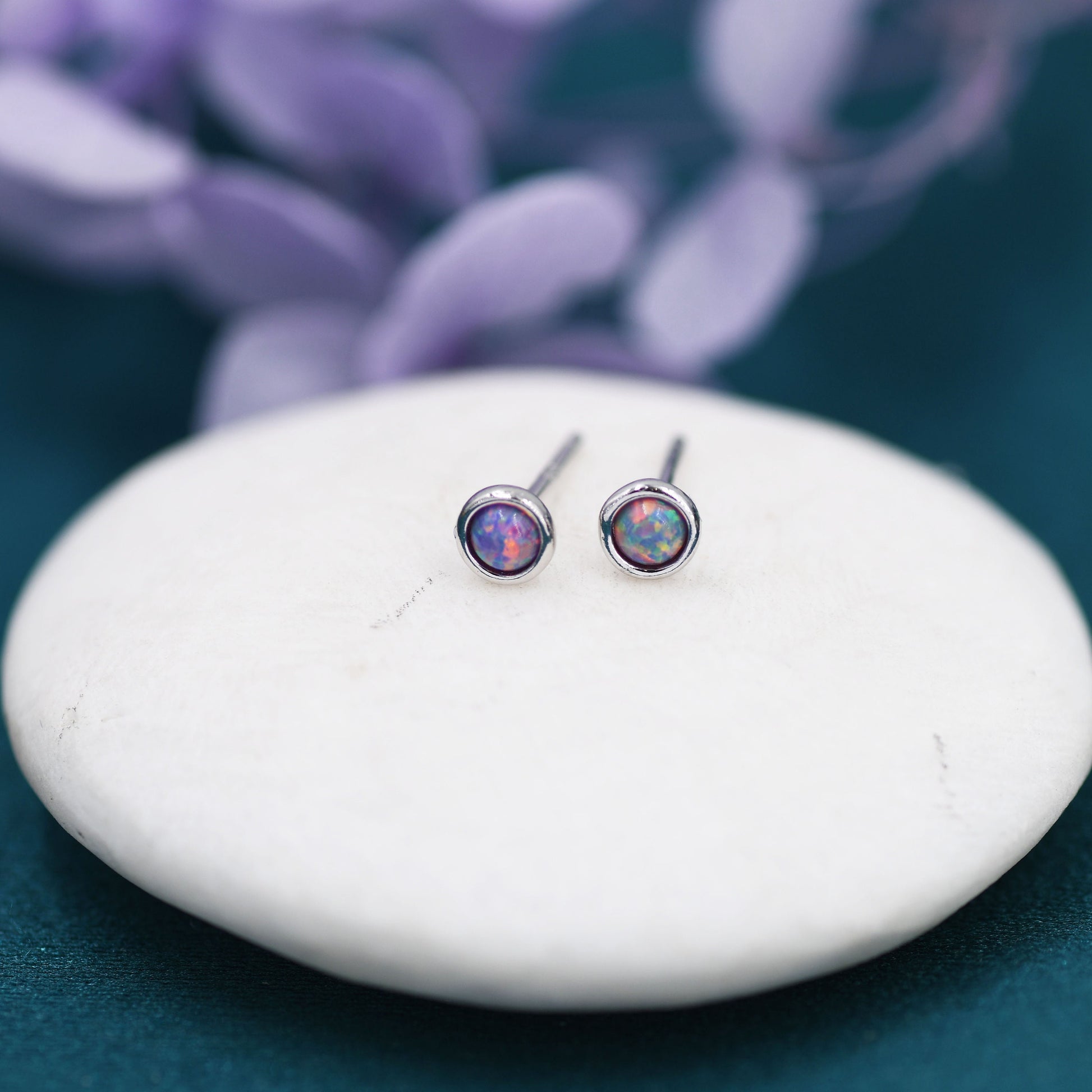 Sterling Silver Tiny Purple Opal Stud Earrings, Tiny Opal Earrings, Purple Opal, Lab Opal Stud, 3mm Opal Earrings