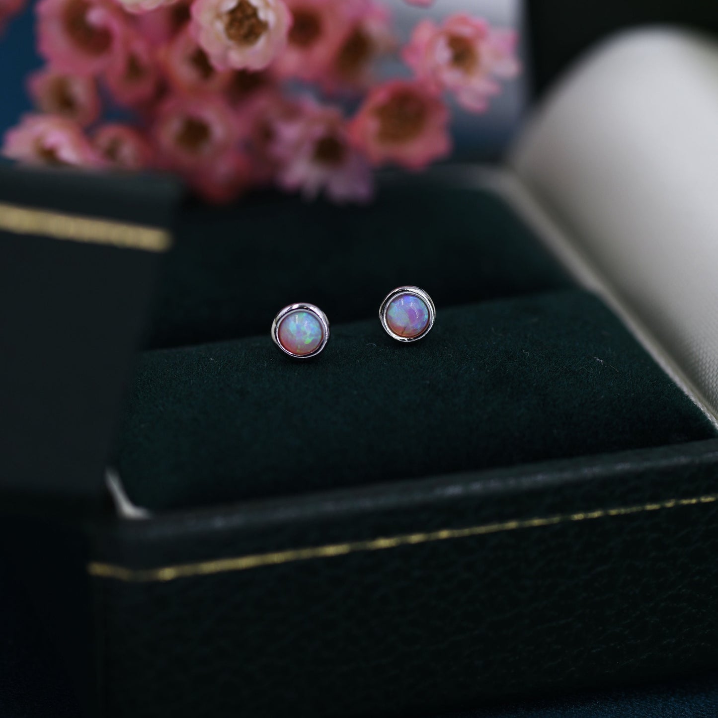 Sterling Silver Tiny Pink Opal Stud Earrings, Tiny Opal Earrings, Pink Opal, Lab Opal Stud, 3mm Opal Earrings